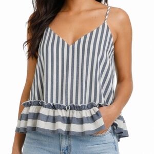 n/nicholas 100% Linen Dual Stripes Straps V-Neck Ruffled Hem Top 6 Cropped